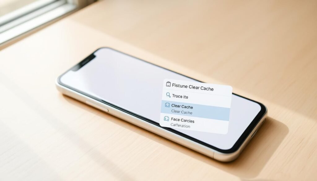A modern, minimalist interface with a clean, pastel-colored Facebook app on a sleek, silver smartphone. The device is placed on a minimalist, light-colored wooden desk, with a subtle drop shadow giving it depth. Soft, natural lighting from a window casts a warm, ambient glow, creating a serene, inviting atmosphere. In the foreground, a small menu panel displays various cache-clearing options, with clear, intuitive icons and labels. The composition emphasizes simplicity and ease of use, reflecting the section title "Different Ways to Clear Cache on Facebook".