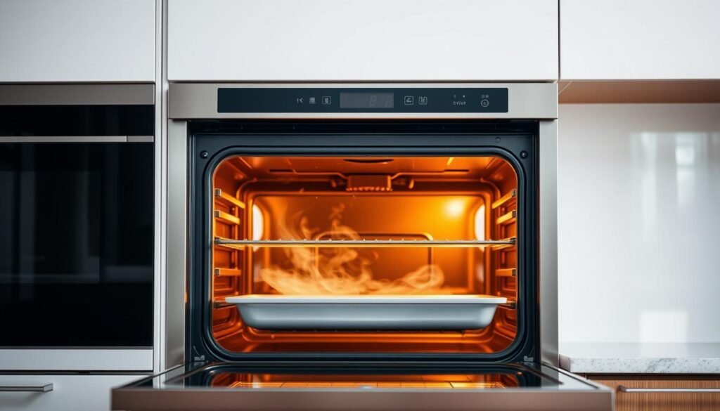 A modern, sleek self-cleaning oven in a bright, airy kitchen. The oven door is slightly ajar, revealing the interior cavity bathed in warm, golden light. Wisps of steam gently curl up from the oven's surface, suggesting an active cleaning cycle. The oven's stainless steel exterior gleams, complemented by the clean, minimalist design. The kitchen countertops are clutter-free, allowing the oven to take center stage. The overall atmosphere conveys efficiency, simplicity, and the effortless ease of the self-cleaning feature.