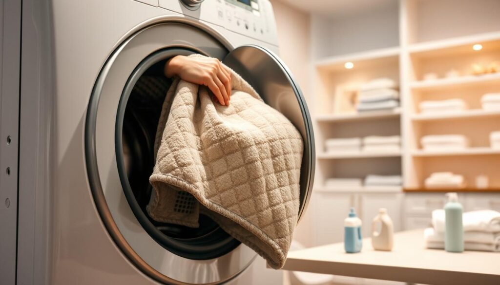A modern, well-lit laundry room interior with a front-loading washing machine. In the foreground, an electric blanket is being gently placed inside the open machine door. The blanket has a soft, plush texture and a subtle geometric pattern. Mild detergent suds and water are visible, suggesting the washing cycle has just begun. The middle ground features a folding table or countertop, with clean towels and a small bottle of fabric softener nearby. The background shows clean, organized shelving stocked with fresh linens and cleaning supplies, creating a sense of cleanliness and efficiency. Warm, indirect lighting casts a gentle glow across the scene, conveying a relaxing, reassuring atmosphere for properly cleaning an electric blanket.
