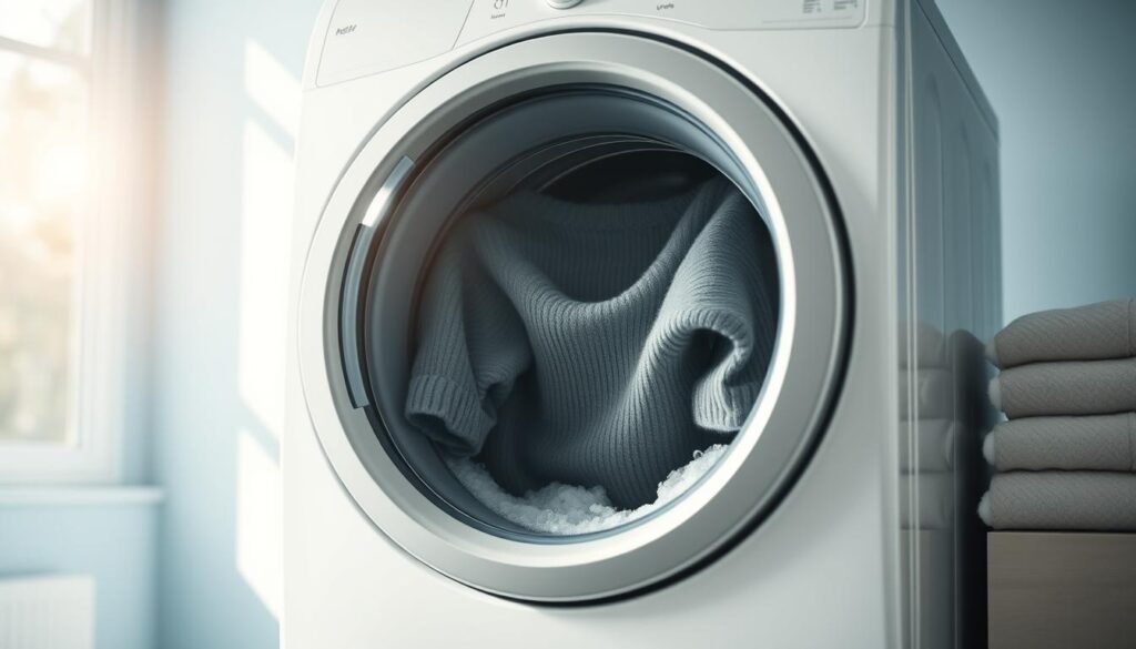 A modern, well-lit laundry room with a top-loading washing machine in the foreground. The machine's glass door reveals a plush, gray cashmere sweater swirling gently in a lather of delicate suds. The walls are painted a soft, calming blue, and natural light filters in through a large window, casting a warm, diffused glow over the scene. The overall atmosphere conveys a sense of care, attention, and the safe, gentle handling of a precious fabric.