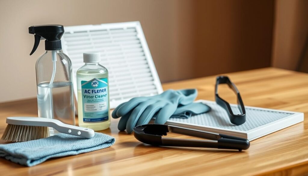 A neatly arranged array of cleaning supplies for an air conditioning filter on a wooden surface, illuminated by soft, warm lighting. In the foreground, a brush, a microfiber cloth, and a bottle of AC filter cleaner stand ready. In the middle ground, a pair of rubber gloves and a pair of tongs for handling the filter. In the background, a clean, freshly washed AC filter sits, ready to be reinstalled. The scene conveys a sense of organization and attention to detail, perfectly suited for illustrating the "Tools and Materials You Will Need" section of the article. A neatly arranged array of cleaning supplies for an air conditioning filter on a wooden surface, illuminated by soft, warm lighting. In the foreground, a brush, a microfiber cloth, and a bottle of AC filter cleaner stand ready. In the middle ground, a pair of rubber gloves and a pair of tongs for handling the filter. In the background, a clean, freshly washed AC filter sits, ready to be reinstalled. The scene conveys a sense of organization and attention to detail, perfectly suited for illustrating the "Tools and Materials You Will Need" section of the article.