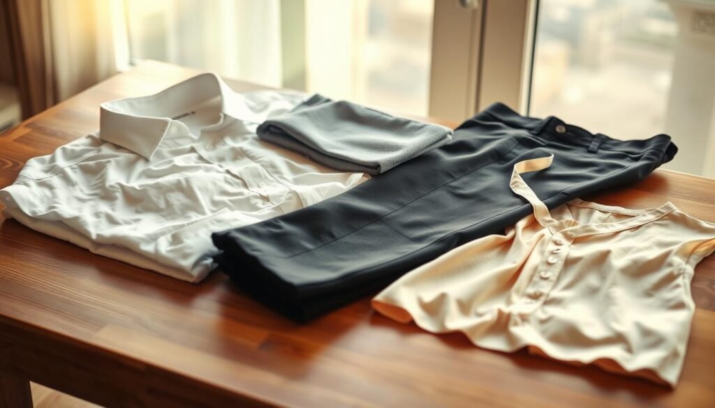 A neatly arranged assortment of clothing items, including a white dress shirt, a pair of dark slacks, and a delicate silk blouse, rests on a wooden table. The items are meticulously folded and organized, ready for the dry cleaning process. Soft, natural light filters in through a nearby window, casting a warm, inviting glow over the scene. The image conveys a sense of care and attention to detail, as if the owner is carefully preparing their cherished garments for a thorough cleaning and restoration.