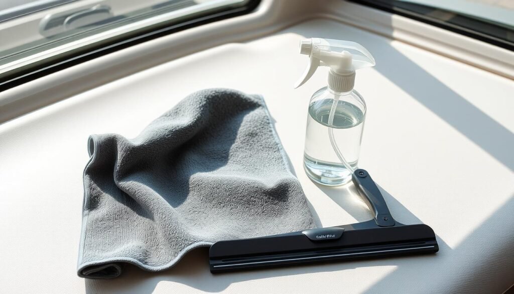 A neatly arranged assortment of high-quality cleaning supplies for the interior of a car windshield, including a microfiber cloth, a spray bottle filled with a gentle, streak-free cleaner, and a small squeegee. The items are displayed on a clean, neutral-colored surface, with natural lighting from a nearby window casting soft shadows and highlighting the textures of the materials. The overall composition conveys a sense of organization, efficiency, and attention to detail, reflecting the care and expertise required to achieve a flawless, streak-free interior windshield clean. A neatly arranged assortment of high-quality cleaning supplies for the interior of a car windshield, including a microfiber cloth, a spray bottle filled with a gentle, streak-free cleaner, and a small squeegee. The items are displayed on a clean, neutral-colored surface, with natural lighting from a nearby window casting soft shadows and highlighting the textures of the materials. The overall composition conveys a sense of organization, efficiency, and attention to detail, reflecting the care and expertise required to achieve a flawless, streak-free interior windshield clean.