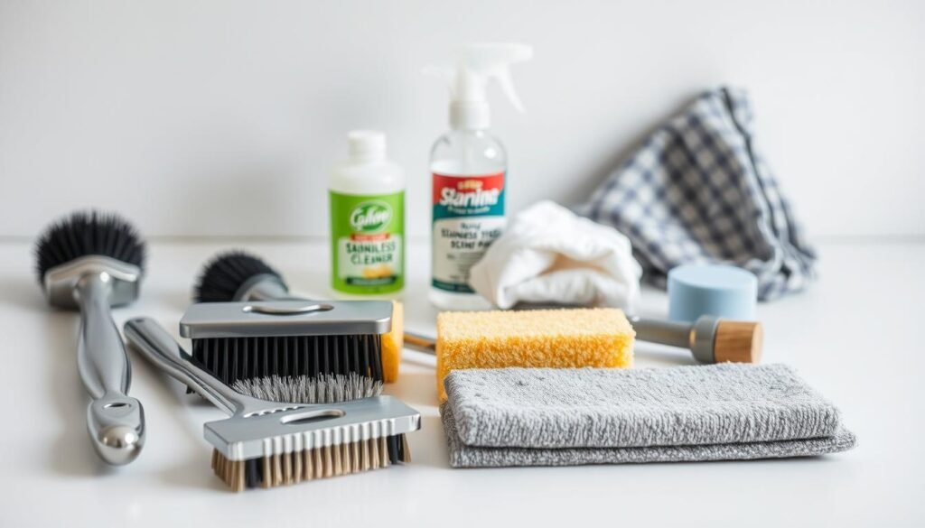 A neatly arranged collection of essential stainless steel sink cleaning supplies, meticulously laid out on a pristine white surface. In the foreground, a variety of cleaning brushes, sponges, and a stainless steel scrub pad, all gleaming under soft, diffused lighting. In the middle ground, a bottle of specialized stainless steel cleaner and a microfiber cloth, ready to tackle tough grime and smudges. The background fades into a subtle, minimalist setting, allowing the tools to take center stage and convey a sense of efficiency and organization. The overall mood is one of cleanliness, professionalism, and a commitment to maintaining a spotless, shiny stainless steel sink.