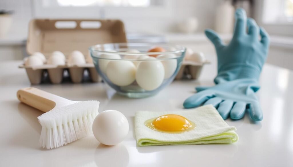 A neatly arranged collection of tools for meticulously cleaning fresh eggs. In the foreground, a soft-bristled brush, a small scrub pad, and a damp cloth sit atop a clean, white surface. In the middle ground, a carton of eggs, a bowl of warm water, and a pair of latex gloves suggest the practical steps of the cleaning process. The background is a bright, well-lit kitchen counter, with hints of natural light filtering in, creating a clean, efficient atmosphere. The tools are carefully selected and positioned to convey a sense of order and attention to detail, reflecting the importance of this essential task in the egg-collecting and -preparing process.