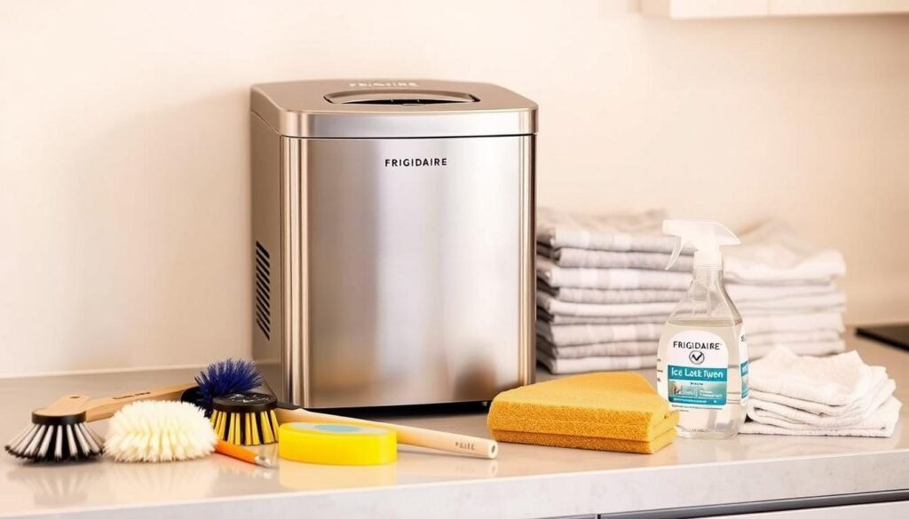 A neatly arranged countertop, bathed in warm, natural lighting, showcasing a variety of prep supplies for cleaning a Frigidaire ice maker. In the foreground, a sleek, stainless steel ice maker stands prominently, surrounded by cleaning brushes, sponges, and a bottle of ice maker cleaner. In the middle ground, a stack of clean towels and a spray bottle filled with a cleaning solution create a sense of organization. The background features a neutral-toned backsplash, complementing the modern, minimalist aesthetic. The overall scene conveys a sense of readiness and attention to detail, perfectly fitting the "Prep and supplies I gather before I start" section of the article.
