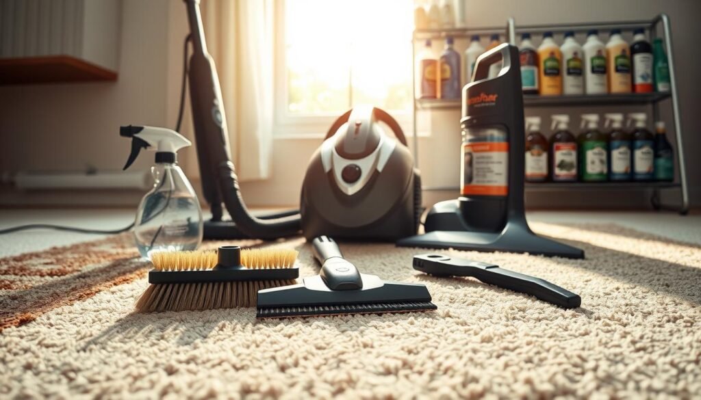 A neatly arranged display of essential carpet cleaning tools, illuminated by warm natural light streaming through a window. In the foreground, a sturdy scrub brush, a spray bottle, and a squeegee lay atop a plush, stain-resistant rug sample. In the middle ground, a handheld vacuum cleaner and a portable steam cleaner stand ready, their sleek designs hinting at efficient performance. In the background, a rack holds an array of specialty cleaning solutions, each bottle labeled with its intended use. The overall scene conveys a sense of professionalism and preparedness, suggesting the tools and products required to tackle even the toughest carpet messes.