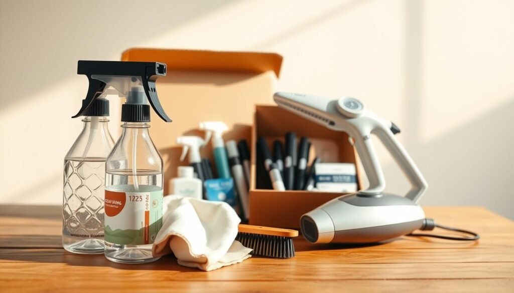 A neatly arranged dry cleaning kit resting on a wooden surface, bathed in warm, natural lighting. In the foreground, a spray bottle filled with a gentle solvent, a soft microfiber cloth, and a small brush for spot cleaning. In the middle ground, a cardboard box containing various stain-removal pens and wipes, alongside a folding garment steamer. In the background, a subtle gradient of neutral tones, creating a clean, minimalist atmosphere. The overall composition conveys a sense of organization, efficiency, and the promise of revitalizing clothes without the hassle of professional dry cleaning.