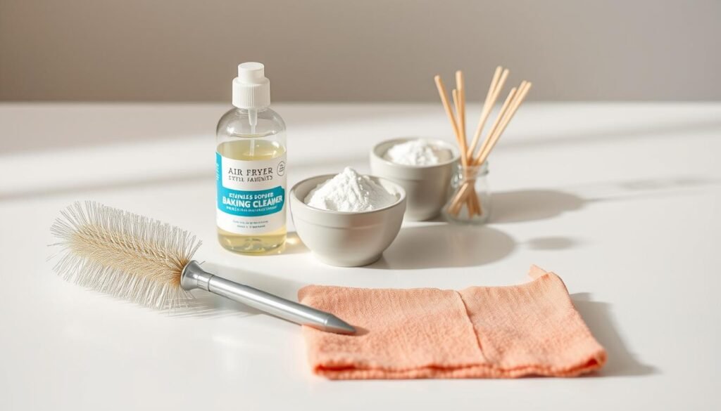 A neatly arranged still life depicting a collection of air fryer cleaning supplies on a white tabletop. In the foreground, a stainless steel air fryer brush, a microfiber cleaning cloth, and a small bottle of air fryer cleaner are positioned with care. In the middle ground, a set of wooden skewers and a small bowl filled with baking soda stand ready for scrubbing. The background features a soft, even lighting that casts gentle shadows, creating a sense of depth and highlighting the textures of the materials. The overall composition conveys a sense of organization and efficiency, reflecting the thoughtful approach to maintaining a well-kept air fryer.