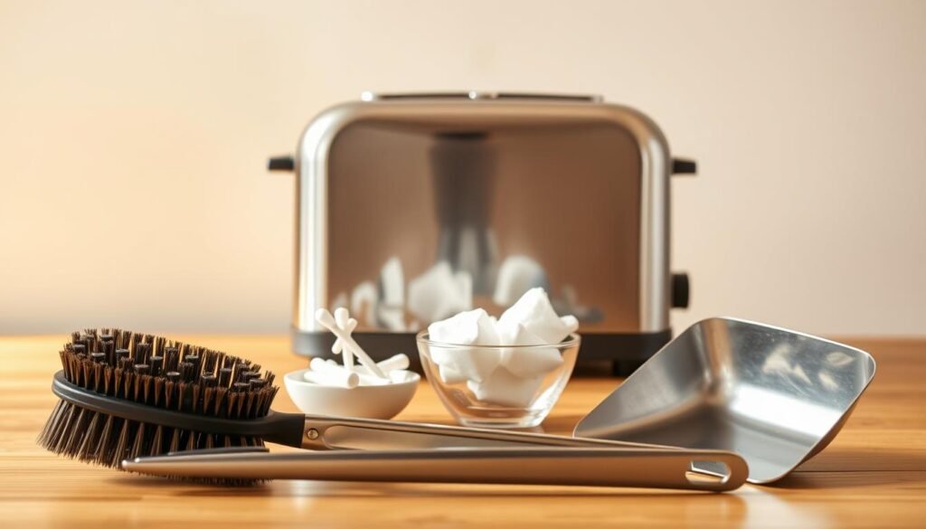 A neatly arranged still life of tools and supplies for cleaning a toaster, captured in warm, soft lighting. In the foreground, a toaster brush, a metal tongs, and a small dustpan sit on a wooden surface. Behind them, a small bowl holds cotton swabs and a microfiber cloth. In the middle ground, a stainless steel toaster sits slightly elevated, its surface gleaming. The background features a neutral-colored wall, creating a minimalist and serene atmosphere. The overall composition emphasizes the essential items needed to tackle the task of cleaning a toaster, inviting the viewer to envision the process of restoring this household appliance to pristine condition.