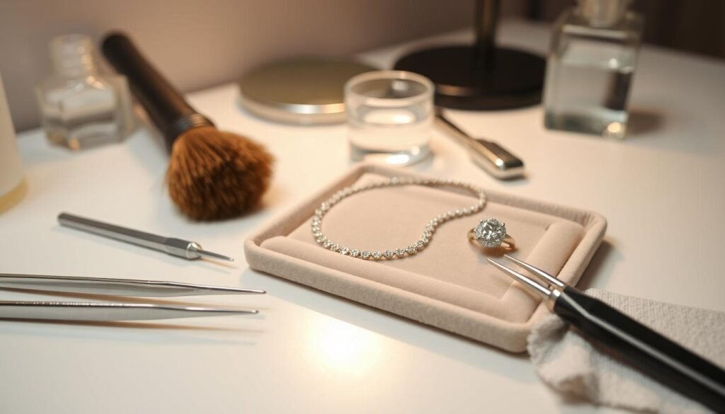 A neatly arranged workstation with various jewelry maintenance tools and accessories. In the foreground, a pair of tweezers, a soft-bristle brush, and a jewelry polishing cloth rest on a clean, well-lit surface. In the middle ground, a delicate necklace and a sparkling ring sit on a velvet-lined tray, awaiting their turn for a thorough cleaning. The background features a magnifying glass, a small jar of jewelry cleaning solution, and a soft, diffused light source that casts a warm, inviting glow over the entire scene. The overall atmosphere conveys a sense of care, attention to detail, and the importance of properly maintaining one's treasured jewelry pieces.