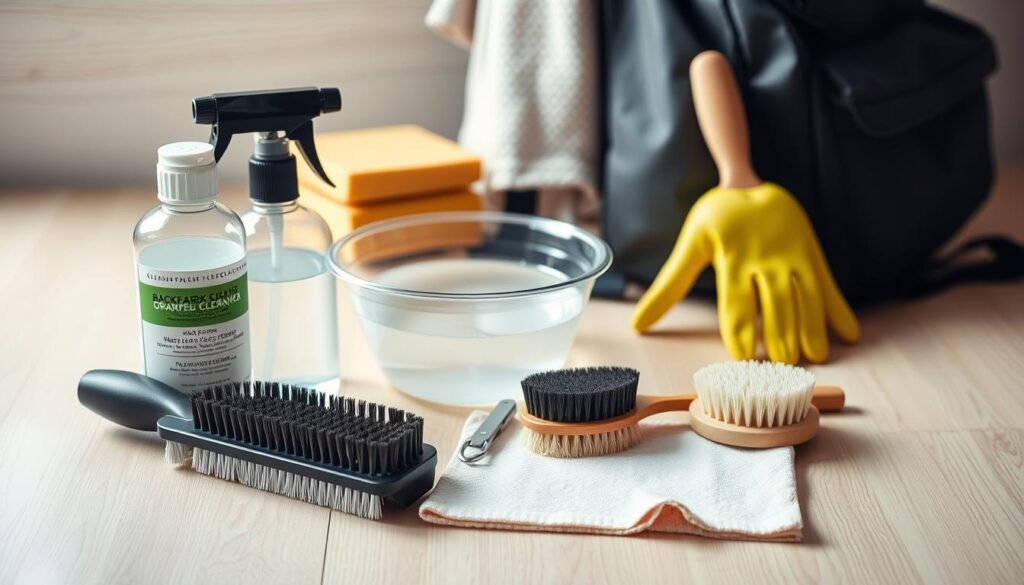 A neatly organized assortment of backpack cleaning supplies, arranged on a clean, well-lit wooden surface. In the foreground, a sturdy brush, a bottle of specialized backpack cleaner, and a soft microfiber cloth. In the middle ground, a small bucket filled with warm water, a sponge, and a stiff-bristled scrubbing brush. In the background, a neutral-colored towel and a pair of rubber gloves, conveying a sense of diligence and attention to detail. The lighting is soft and natural, highlighting the textures and colors of the various cleaning tools, creating a calming and organized atmosphere suitable for the task at hand.