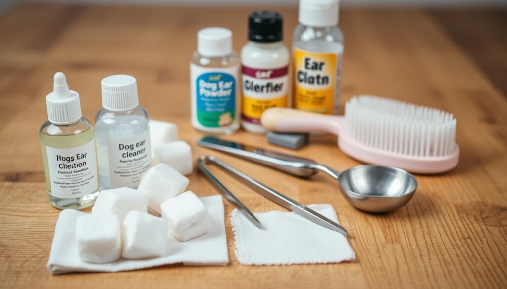 A neatly organized collection of ear cleaning tools and supplies sits on a clean, well-lit wooden surface. In the foreground, a small dog ear cleaner solution bottle, cotton balls, and a soft ear cleaning cloth are prominently displayed. The middle ground features a pair of metal ear cleaning tweezers and a small, curved ear cleaning scoop. In the background, a bottle of ear powder and a specialized dog ear cleaning brush complete the setup, creating a comprehensive and visually appealing array of essential pet grooming items.