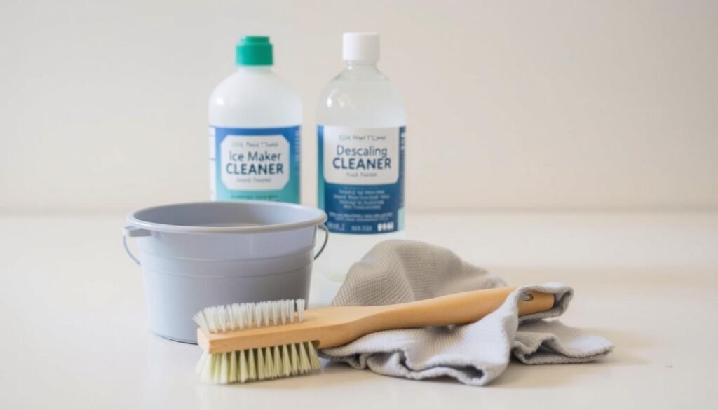 A neatly organized set of cleaning supplies for an ice maker sits on a clean, light-colored surface. In the foreground, a small bucket, a soft-bristled brush, and a microfiber cloth are arranged with precision. In the middle ground, a bottle of ice maker cleaner and a descaling solution stand upright, their labels clearly visible. The background features a neutral, softly-lit environment, creating a sense of order and preparedness for the upcoming ice maker cleaning process.