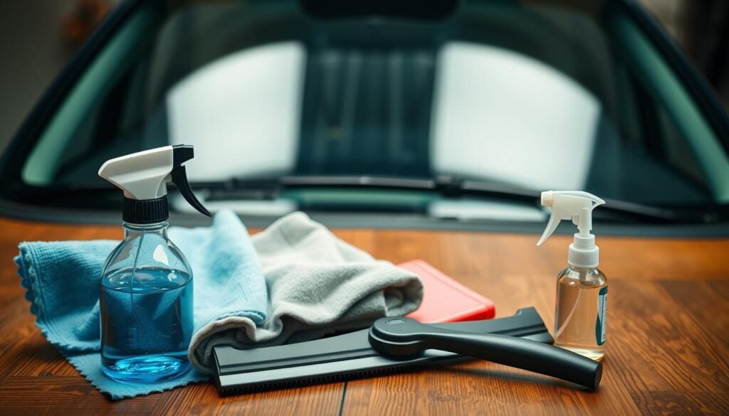 A neatly organized set of maintenance tools and supplies arranged on a wooden surface, with a clean, streak-free windshield in the background. The foreground features a spray bottle, microfiber cloths, a squeegee, and a small bottle of glass cleaner, all positioned with care and attention to detail. The lighting is soft and diffused, creating a warm, inviting atmosphere. The scene conveys a sense of efficiency and effectiveness, suggesting the steps required to keep a windshield in pristine condition.