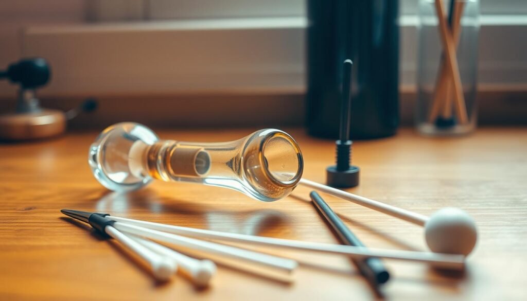 A neatly organized workspace with a clean, well-maintained glass pipe resting on a wooden surface. Soft, warm lighting illuminates the scene, highlighting the pipe's intricate details and gleaming surface. A set of specialized cleaning tools, such as pipe cleaners and cotton swabs, are arranged nearby, emphasizing the importance of proper maintenance. The atmosphere conveys a sense of care, attention, and the satisfaction of enjoying a fresh, unobstructed smoking experience. A neatly organized workspace with a clean, well-maintained glass pipe resting on a wooden surface. Soft, warm lighting illuminates the scene, highlighting the pipe's intricate details and gleaming surface. A set of specialized cleaning tools, such as pipe cleaners and cotton swabs, are arranged nearby, emphasizing the importance of proper maintenance. The atmosphere conveys a sense of care, attention, and the satisfaction of enjoying a fresh, unobstructed smoking experience.