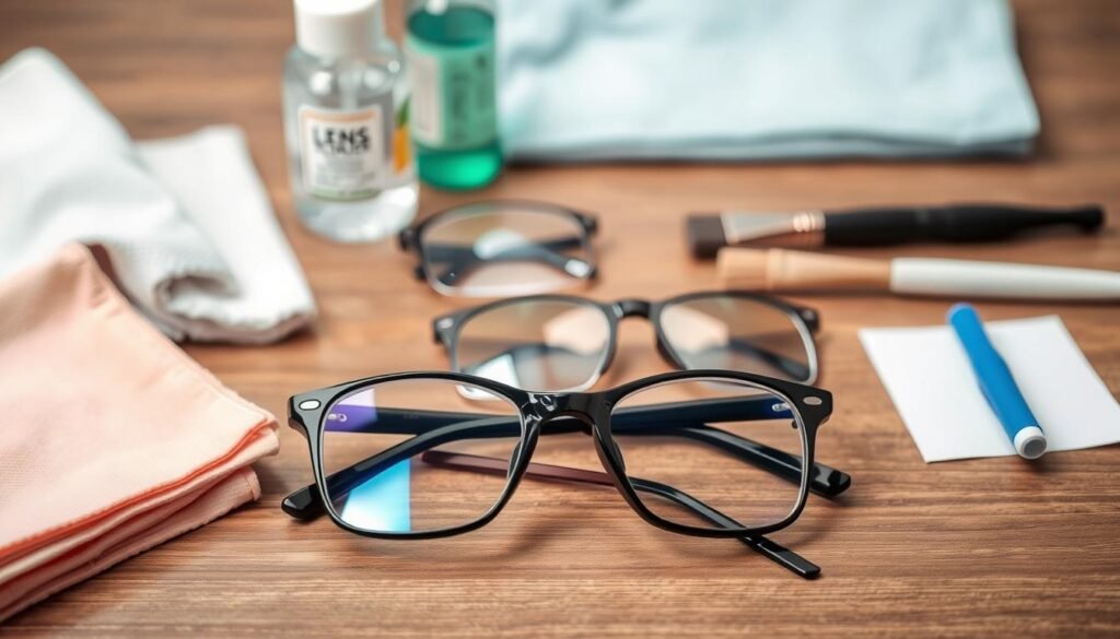 A neatly organized workspace with various eyeglass cleaning tools laid out, including microfiber cloths, lens cleaner spray, and a soft-bristled brush. In the foreground, a pair of eyeglasses is being meticulously cleaned, the lenses catching the light from a soft, diffused source above. The mid-ground features a selection of different lens types, such as clear, tinted, and prescription, each receiving individual attention. The background is blurred, emphasizing the focus on the cleaning process. The overall scene conveys a sense of care, precision, and attention to detail, reflecting the importance of proper lens maintenance.