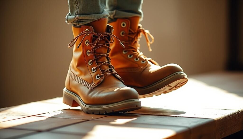 A pair of well-worn Timberland boots, their sturdy construction evident, stands on a wooden surface, gently tilted to allow the last remnants of moisture to drip off. Soft, diffused natural light bathes the scene, creating a warm, earthy atmosphere. The boots' distinctive tan leather and contrasting laces are the focal point, showcasing their rugged yet refined aesthetic. The background is softly blurred, allowing the viewer to concentrate on the drying process, a crucial step in preserving the longevity and quality of these iconic outdoor shoes. A pair of well-worn Timberland boots, their sturdy construction evident, stands on a wooden surface, gently tilted to allow the last remnants of moisture to drip off. Soft, diffused natural light bathes the scene, creating a warm, earthy atmosphere. The boots' distinctive tan leather and contrasting laces are the focal point, showcasing their rugged yet refined aesthetic. The background is softly blurred, allowing the viewer to concentrate on the drying process, a crucial step in preserving the longevity and quality of these iconic outdoor shoes.