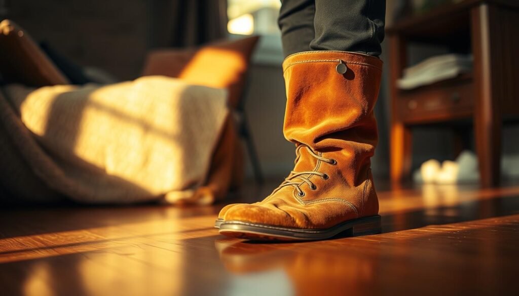 A pair of well-worn suede boots standing prominently in the foreground, their rich caramel hue casting warm reflections on a wooden floor. The mid-ground reveals a muted, cozy interior with plush textures and muted tones, creating a sense of comfort and familiarity. Soft, directional lighting from a nearby window bathes the scene in a gentle, golden glow, accentuating the natural character of the suede and adding depth and dimension to the image. The overall mood is one of quiet introspection, inviting the viewer to closely inspect the details of the boots and imagine the stories they could tell.