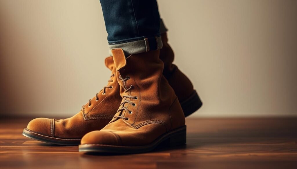 A pair of well-worn yet meticulously maintained suede boots takes center stage, the soft nap and supple texture conveying a sense of luxury and care. Warm, directional lighting from the side sculpts the boots' form, casting subtle shadows that accentuate their sleek silhouette. The background fades into a muted, neutral tone, allowing the focal point to command attention. The overall mood is one of sophisticated refinement, inviting the viewer to imagine the care and consideration required to preserve the integrity of these cherished footwear.