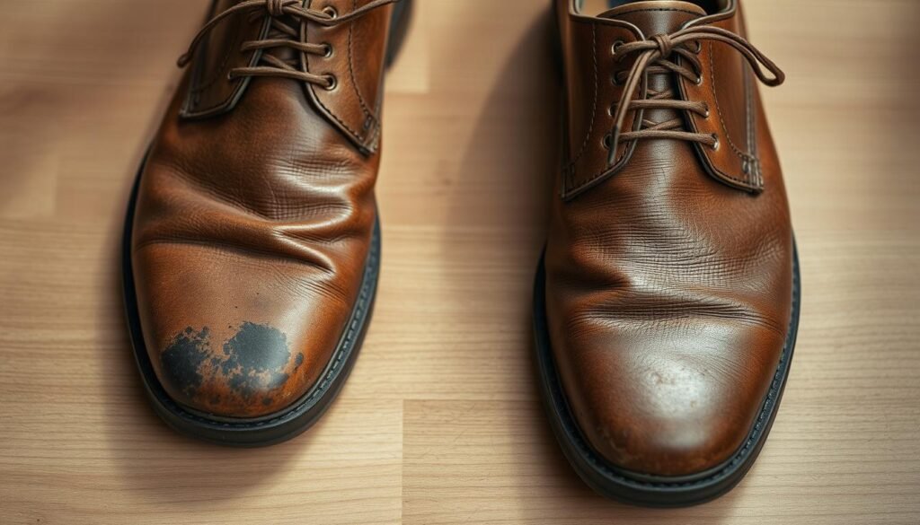 A pair of worn leather shoes with visible scuffs and stains on the toes, uppers, and soles. The shoes are placed on a neutral-toned wooden surface, with soft, indirect lighting casting subtle shadows. The composition focuses on the imperfections, highlighting the texture and patina of the aged leather. The scene conveys a sense of everyday wear and tear, as if the shoes have seen many steps and weathered various conditions. The mood is one of realistic, documentary-style portrayal of the subject matter, inviting the viewer to consider practical solutions for restoring and maintaining the leather's appearance.