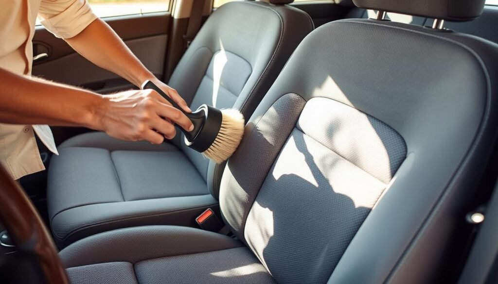A person in a light-colored shirt and jeans is using a medium-sized soft-bristled brush to thoroughly clean the gray cloth upholstery of a car seat. The seat is positioned in a well-lit, airy interior with soft shadows and warm highlights. The scene conveys a focused, diligent mood as the person works to remove dirt and grime from the fabric. The camera angle is from slightly above, capturing the entire seat and the person's actions in an informative, instructional manner.