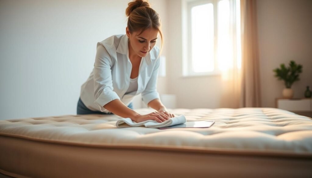A person in a white shirt and jeans gently blotting a wet spot on a beige mattress with a white towel, their expression focused and determined. Soft, natural lighting filters in through a window, casting a warm glow on the scene. The mattress is positioned in a tidy bedroom with minimal furnishings, allowing the cleaning process to be the central focus. The atmosphere is one of quiet, intentional care as the person works to address the issue quickly and effectively.