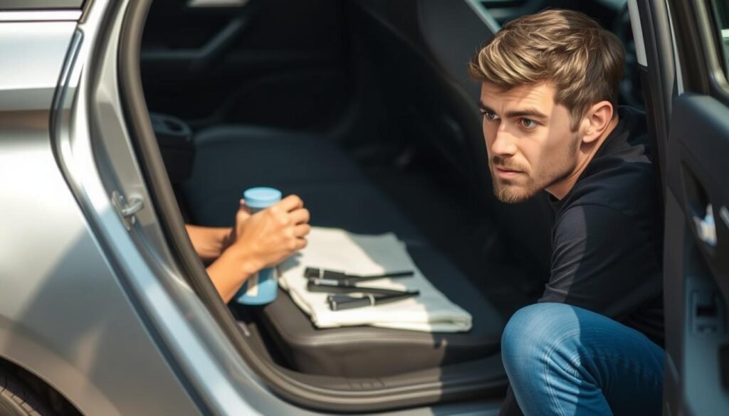 A person kneeling next to a parked car, meticulously inspecting the interior. The car's door is open, revealing a neatly folded set of cleaning supplies and tools on the seat. Soft, diffused lighting from above illuminates the scene, casting gentle shadows. The person's expression is one of focused determination, as they prepare to thoroughly clean and maintain the car's seats. The background is blurred, keeping the attention on the immediate task at hand. An atmosphere of care and attention to detail permeates the image, setting the stage for the upcoming cleaning process.