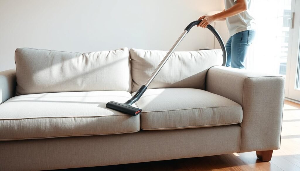 A person vacuuming a microfiber couch in a well-lit, airy living room. The couch is a soft gray color and the person is using a modern, sleek vacuum cleaner with a long hose and attachments to clean the upholstery. The lighting is bright and diffused, creating a warm, inviting atmosphere. The camera angle is from a slightly elevated perspective, capturing the entire couch and the person's movements as they methodically clean the surface. The room features neutral-toned walls and hardwood floors, creating a clean, minimalist aesthetic that complements the microfiber couch.