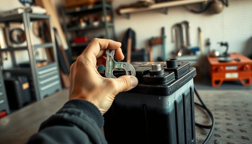 A person's hands carefully connecting the positive and negative battery terminals with a wrench, the terminals coated in a layer of green corrosion. The work surface is a clean, well-lit garage workshop with metal shelving and tools in the background. The lighting is warm and natural, casting subtle shadows that emphasize the texture of the battery and tools. The overall mood is one of focus and precision, conveying the importance of properly reconnecting the battery to restore its function.