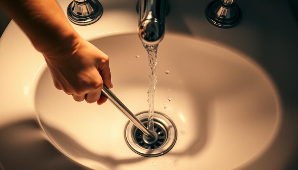 A person's hands firmly gripping a plunger, pushing it down into a sink drain, creating a tight seal. The sink basin is made of clean white ceramic, with chrome faucet and fixtures. Droplets of water splash up as the plunger is rapidly pulled up, attempting to dislodge a stubborn clog. Warm, diffused lighting from an overhead source casts a soft glow, creating dramatic shadows that highlight the tension and effort of the unclogging process. The overall scene conveys a sense of determination and problem-solving, as the person works to restore the sink's proper drainage.