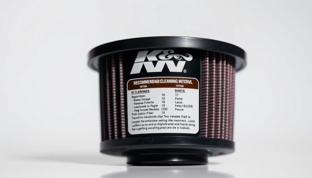 A photo of a K&N air filter showing the recommended cleaning intervals displayed on the filter housing. The filter is positioned in the center of the frame, with a clean, well-lit background that showcases the detailed markings and instructions. The image has a technical, informative tone, captured at a medium close-up angle to clearly highlight the specific maintenance details. The lighting is bright and directional, accentuating the textures and contours of the filter. The depth of field is shallow, keeping the filter in sharp focus while subtly blurring the background.