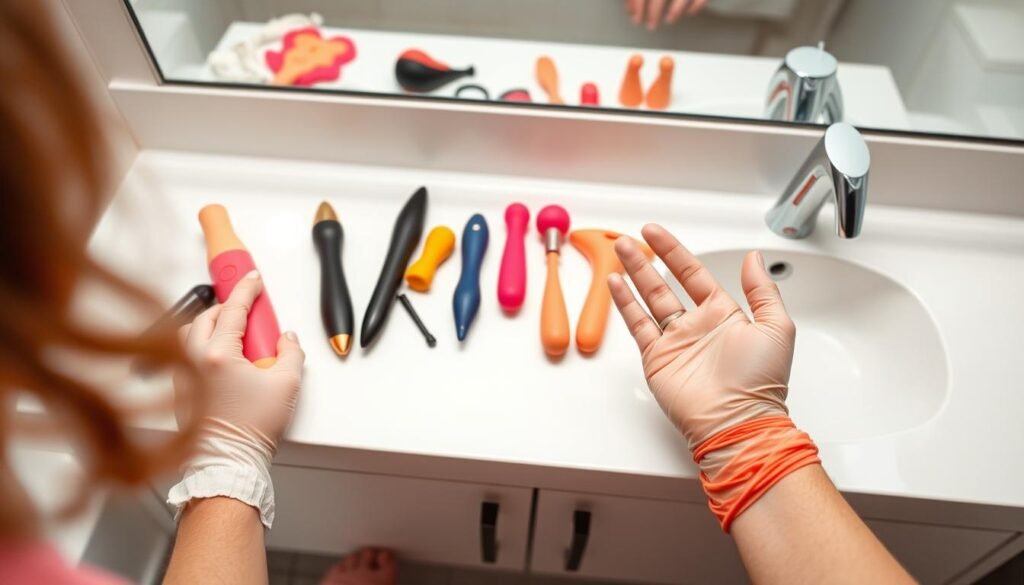 A pristine bathroom setting, with a clean and well-lit countertop. On the counter, a variety of sex toys, including vibrators, dildos, and anal toys, are neatly arranged. A woman's hands, wearing latex gloves, demonstrate the proper cleaning techniques, using gentle motions and specialized sex toy cleansers. The scene conveys a sense of calm, care, and attention to detail, reflecting the importance of maintaining sex toy hygiene and safety.