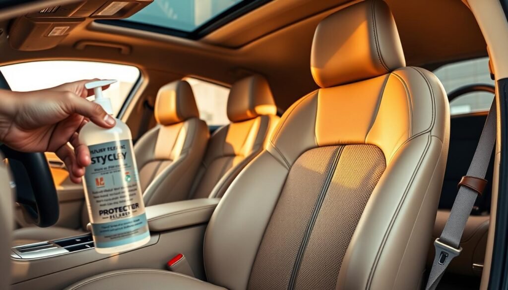 A pristine car interior with plush, beige leather seats bathed in soft, warm lighting. In the foreground, a hand gently applies a clear protectant, leaving a glossy, hydrophobic finish. The middle ground showcases the seats' intricate stitching and contours, while the background reveals the car's sleek dashboard and steering wheel, creating a sense of care and attention to detail. The atmosphere exudes a serene, spa-like ambiance, inviting the viewer to appreciate the importance of preserving the beauty and longevity of the vehicle's interior.