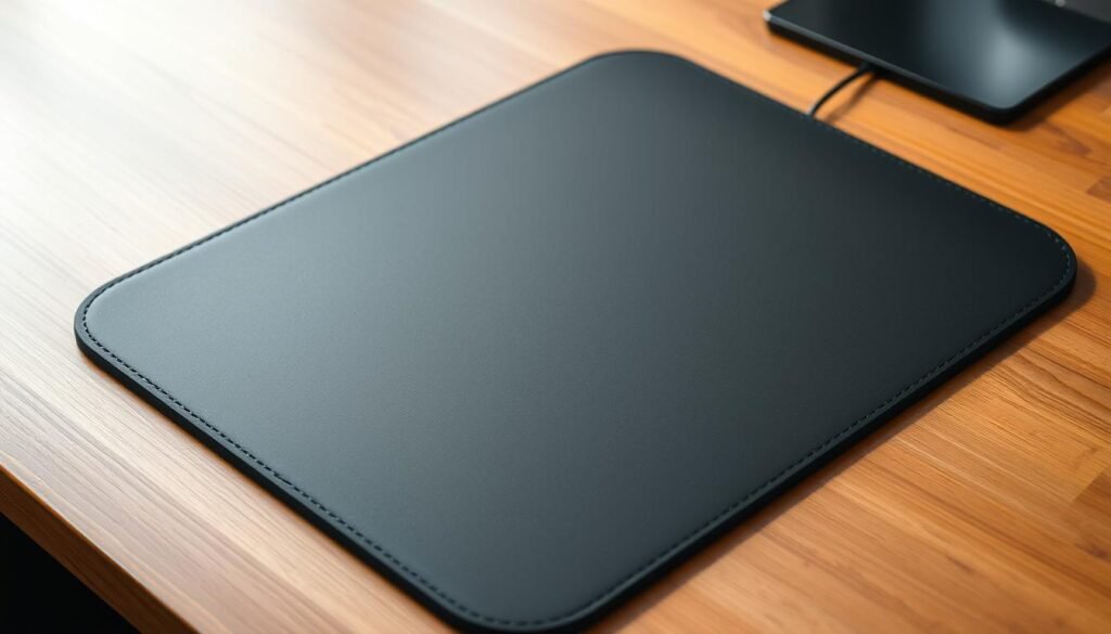 A pristine, close-up view of a sleek, black computer mousepad resting on a flat, wooden surface. The mousepad's smooth, matte texture reflects the warm, natural lighting, creating a subtle sheen. The edges are precisely defined, with a subtly raised border to contain the mouse's movements. In the middle, the mousepad's surface appears unblemished, ready to provide a clean, responsive surface for precise cursor control. The overall scene conveys a sense of simplicity, functionality, and attention to detail, perfectly suited for illustrating the "How to clean mousepad: step-by-step for every material" section of the article.