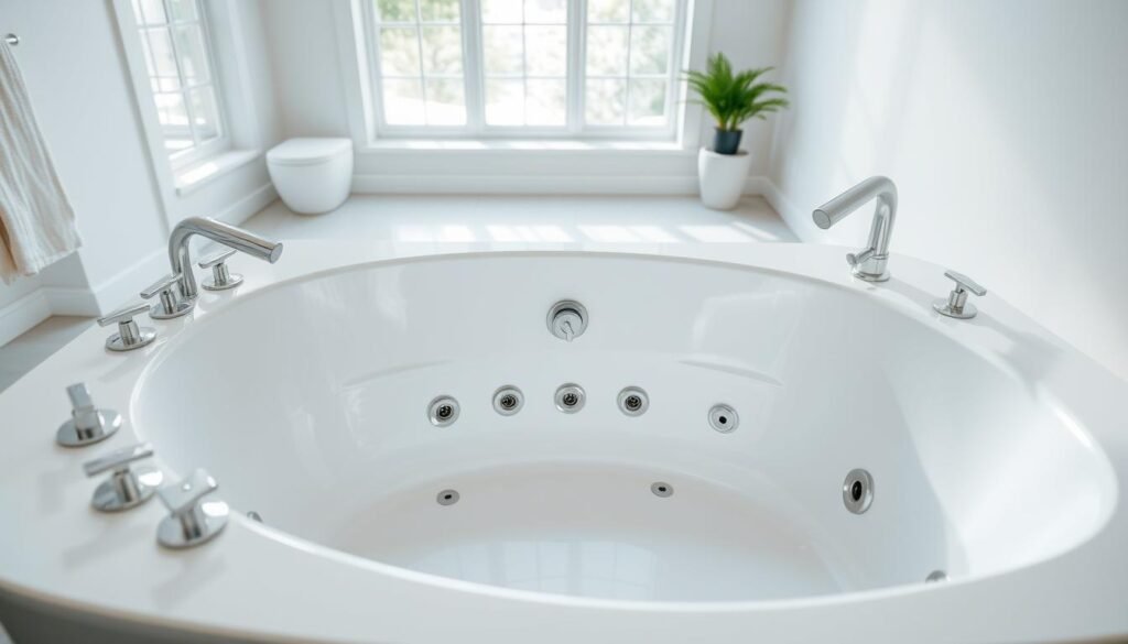 A pristine jetted whirlpool tub, its surface gleaming under bright studio lighting. The tub's interior is spotless, with the powerful jets ready to be activated. The white porcelain finish is accented by polished chrome fixtures, creating a sleek, modern aesthetic. The tub is positioned in a spacious bathroom with clean, minimalist decor, allowing the tub to be the focal point. Soft, diffused natural light filters in through a large window, illuminating the scene and adding a sense of tranquility. The overall mood is one of cleanliness, relaxation, and the promise of a luxurious bathing experience.
