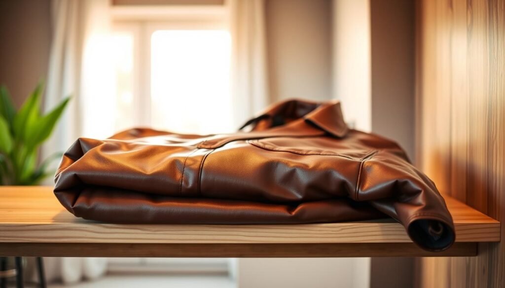 A pristine leather jacket neatly folded and placed on a wooden shelf, bathed in soft, warm lighting. The jacket's surface gleams, its rich brown hue complemented by the natural tones of the shelf. In the background, a cozy, minimalist interior with neutral-toned walls and a hint of natural greenery, creating a serene and calming atmosphere. The composition emphasizes the care and attention required to properly store a cherished leather garment, conveying a sense of order and preservation.