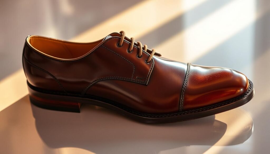 A pristine leather shoe rests on a smooth, reflective surface, bathed in warm, soft lighting. The shoe's surface gleams with a lustrous, mirror-like finish, the result of a meticulous application of high-quality wax polish. The wax has deeply nourished and conditioned the leather, leaving it supple and protected. Subtle highlights and shadows accentuate the contours of the shoe, creating a sense of depth and dimension. The overall scene conveys a feeling of care, attention to detail, and a professional-level finish that will keep the leather shoes looking their best for years to come.