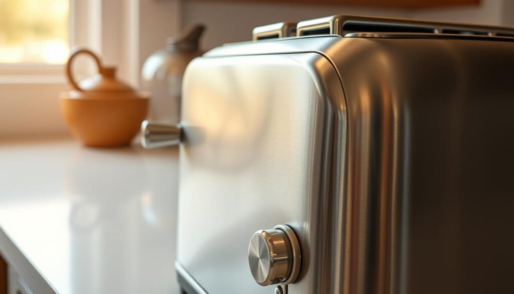 A pristine metallic toaster, its exterior gleaming under the warm, soft lighting of a cozy kitchen. The brushed stainless steel surface reflects the surrounding environment, creating a sense of depth and elegance. The toaster's curved edges and smooth finish invite a gentle touch, promising a spotless, scratch-free appearance. In the foreground, the toaster's controls and vents stand out, their polished accents complementing the overall design. The background features a clean, minimalist countertop, allowing the toaster to be the focal point. The atmosphere is one of cleanliness, precision, and attention to detail, setting the stage for a section on maintaining the perfect exterior of a beloved kitchen appliance.