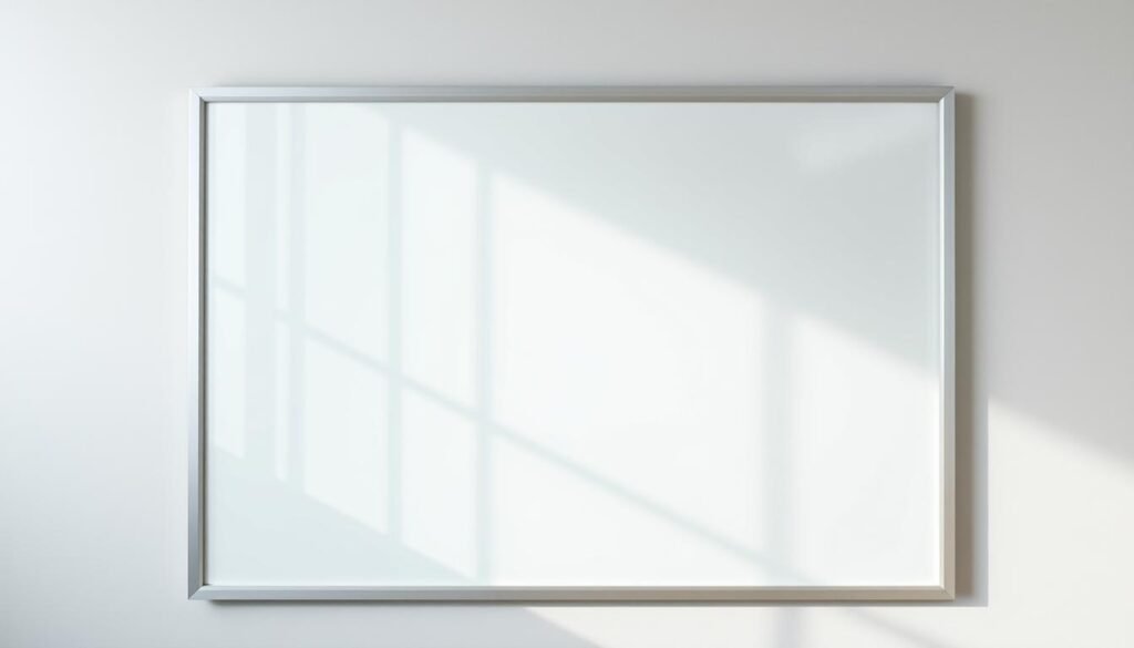 A pristine, minimalist dry erase board in a well-lit, modern office setting. The board is framed with a sleek, metallic trim, creating a crisp, professional appearance. The surface is completely clean, reflecting the overhead lighting and creating a glossy, reflective finish. Soft, diffused natural light streams in from a large window, illuminating the board and casting gentle shadows. The background is a simple, neutral-toned wall, allowing the board to take center stage. The overall atmosphere is one of efficiency, organization, and attention to detail - the perfect canvas for an expert's guide to effortless dry erase board cleaning.