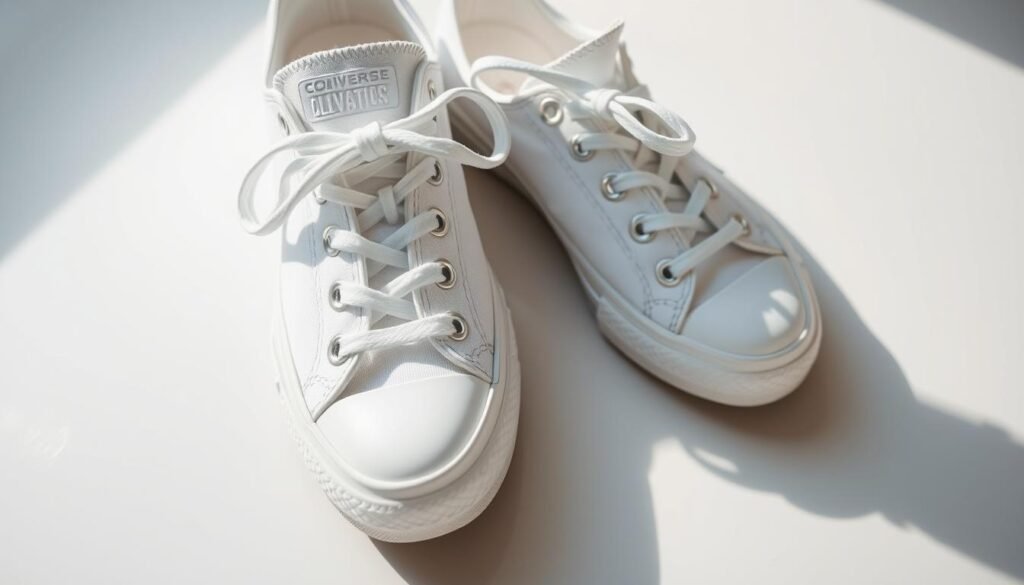 A pristine pair of white Converse sneakers, meticulously detailed, resting on a smooth, reflective surface. The laces are perfectly tied, the rubber soles glistening under bright, even lighting that casts subtle shadows, creating depth and dimension. The canvas uppers are unblemished, the signature Converse chevron pattern crisp and clean. The scene is captured from a slightly elevated angle, emphasizing the clean lines and minimalist design of these iconic shoes. The overall mood is one of simplicity, cleanliness, and the satisfaction of maintaining well-cared-for footwear.