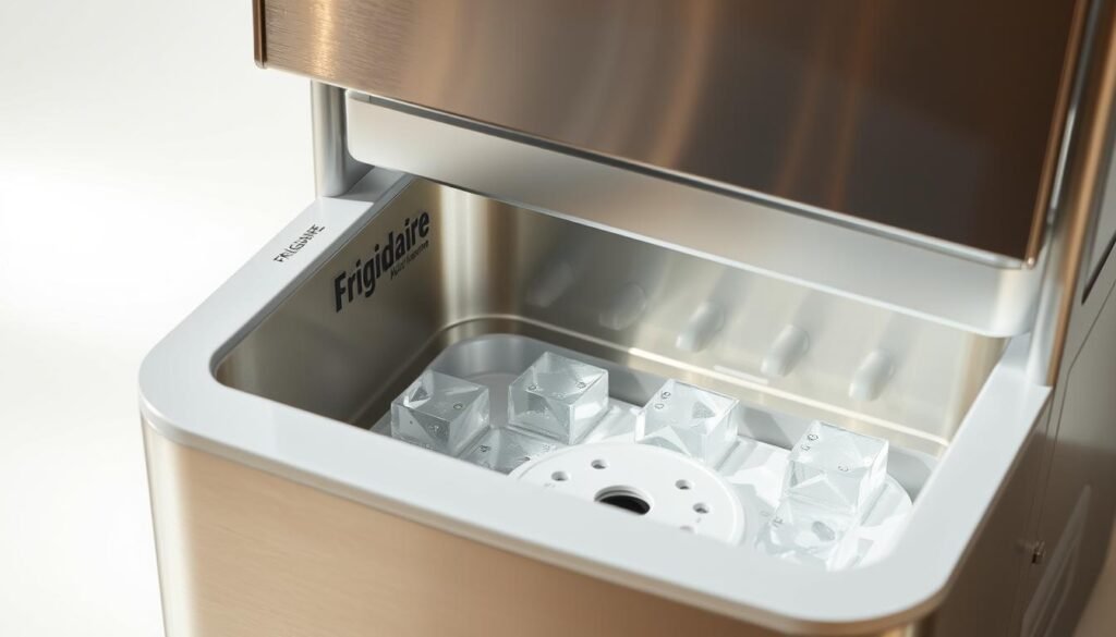 A pristine, stainless steel Frigidaire ice maker, its glossy surface gleaming under warm, soft lighting. The ice cube tray is visible, showcasing its intricate design and spotless interior. The appliance is set against a clean, white background, emphasizing its sleek, modern aesthetic. The lighting casts gentle shadows, adding depth and dimension to the scene. The ice maker appears brand new, hinting at the need for regular maintenance to keep it in top condition. The overall mood is one of order, cleanliness, and the importance of properly caring for this essential kitchen appliance.