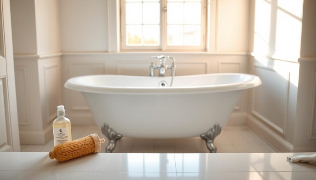 A pristine, well-lit bathroom with a claw-foot bathtub in the center. The tub's porcelain surface shines, reflecting the warm, natural light streaming through a large window. On the edge of the tub, a selection of cleaning supplies - a scrub brush, a bottle of mild detergent, and a microfiber cloth - await their task. The room's neutral color palette and sleek, minimalist design create a tranquil, spa-like atmosphere, perfect for a thorough, relaxing bathtub cleaning session.