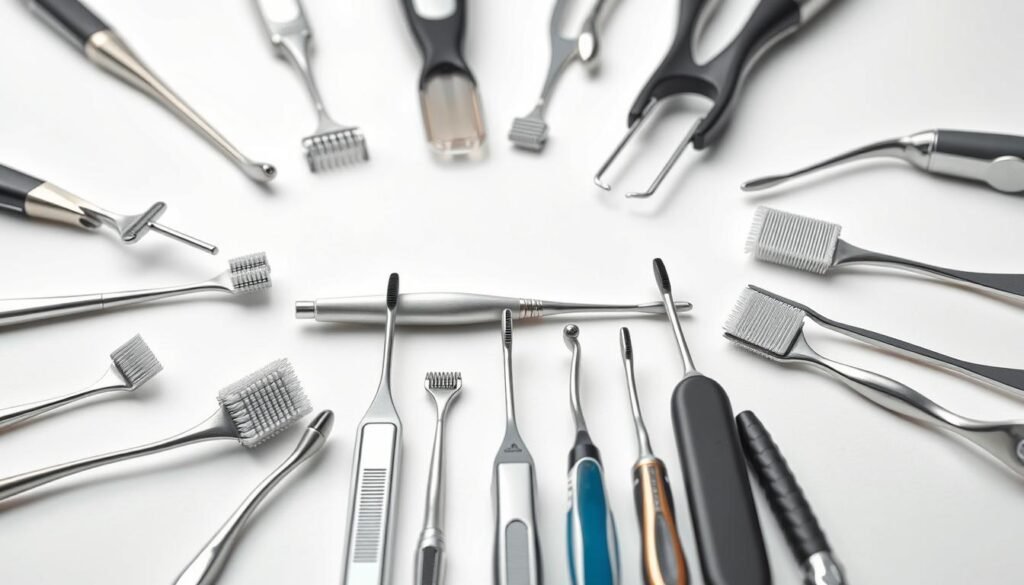 A pristine white background sets the stage, highlighting an assortment of tongue cleaners arranged in the foreground. Close-up shots capture the intricate designs and textures of each tool, ranging from sleek metal scrapers to ergonomic plastic models. The lighting is soft and even, accentuating the sheen of the instruments and creating a sense of clinical cleanliness. In the middle ground, a few tongue cleaners are positioned at various angles, showcasing their functional features and user-friendly shapes. The overall composition conveys a sense of order and attention to detail, inviting the viewer to closely examine the diverse options available for maintaining optimal oral hygiene.
