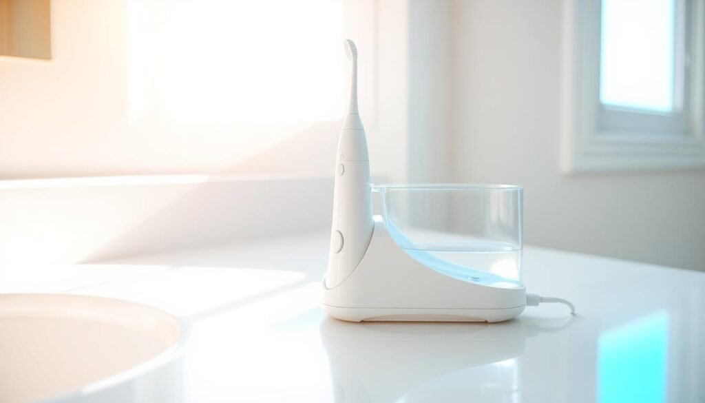 A pristine white bathroom counter with a sleek, modern Waterpik water flosser resting on it. The water reservoir is partially open, revealing its transparent interior. Bright, natural lighting streams in through a window, casting a soft, warm glow across the scene. The countertop is clean and uncluttered, allowing the Waterpik to be the focal point. The image conveys a sense of order, cleanliness, and attention to detail - perfect for illustrating the "Cleaning the Water Reservoir" section of the article.
