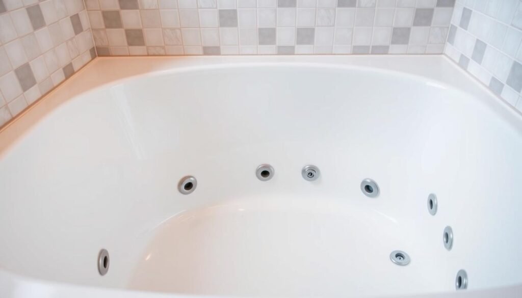 A pristine, white jetted bathtub set against a tiled bathroom backdrop, with gentle lighting illuminating the clean, polished surface. The tub's jets are visible, glistening and free of any residue or buildup. The overall scene conveys a sense of spa-like tranquility and cleanliness, ideal for illustrating the maintenance section of an article on caring for a jetted tub.