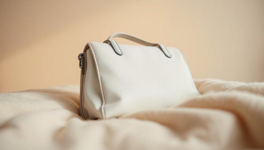 A pristine white leather purse resting on a soft, plush surface, its surface gently illuminated by warm, diffused lighting. The purse is framed by a minimalist, clean-lined background, allowing its elegant form and luxurious texture to take center stage. The camera angle is slightly elevated, providing a refined, high-end perspective. The overall mood is one of understated sophistication, inviting the viewer to appreciate the intricate details and timeless craftsmanship of this luxurious accessory.