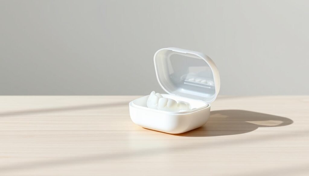 A pristine, white plastic retainer storage case resting on a sleek, minimalist wooden surface. The case has a smooth, glossy finish, with a transparent lid that allows a clear view of the contents inside. Soft, natural lighting bathes the scene, creating a warm, inviting atmosphere. The case is positioned at a slight angle, lending a sense of intentionality and attention to detail. The background is a clean, uncluttered expanse of pale gray, allowing the storage case to take center stage and showcase its function and form. The overall composition exudes a sense of order, hygiene, and care for one's oral health accessories.