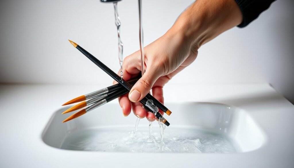 A professional artist's hand firmly gripping a set of acrylic paint brushes, gently scrubbing them under warm running water to remove dried paint. The brushes are highlighted against a clean, minimalist white countertop backdrop, showcasing the meticulous process of brush maintenance. Soft, diffused studio lighting casts a gentle glow, emphasizing the delicate movements and the artist's concentration. The image captures the essential steps of this practical task, providing a clear visual guide for the article's section on "How to Clean Dried Acrylic Paint from Brushes".