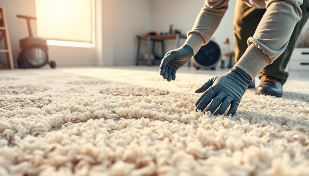 A professional carpet cleaner meticulously inspecting a lush, ivory wool rug in a well-lit studio. Intricate patterns and soft textures are illuminated by warm, directional lighting, casting dynamic shadows. The cleaner's hands, clad in protective gloves, delicately examine the rug's fibers, evaluating its condition. In the background, modern cleaning equipment and neatly organized supplies suggest a thorough, industry-standard approach. The overall scene conveys expertise, care, and a commitment to restoring the rug's pristine appearance.